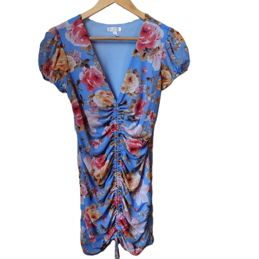 Y2K Floral Mini Dress Blue Pink Ruched Puff Sleeve Festival‎ Coquette Boho Small